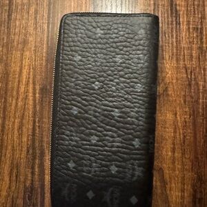 Authentic MCM Black Monogram Zip-Around Leather Card Holder
